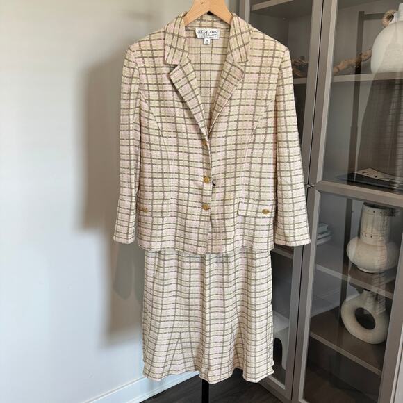St. John Collection Skirt Suit Set Blazer Jacket Beige Pink Plaid Metallic Large